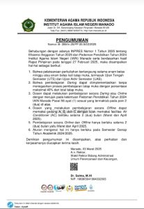 Pengumuman IAIN Manado tentang kebijakan perkuliahan kombinasi daring dan luring dalam rangka efisiensi anggaran.
