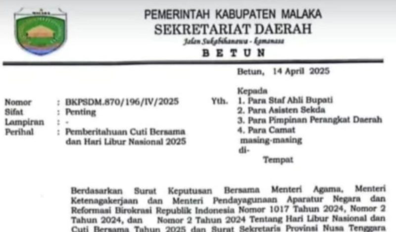 Pemkab Malaka Umumkan Libur Cuti Bersama//Foto: Tangkapan Layar.